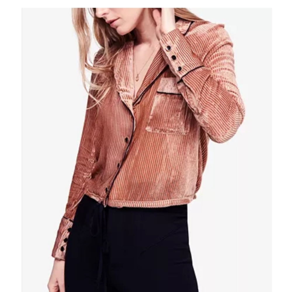Free People Velvet-stripe Nights buttonUp crop top